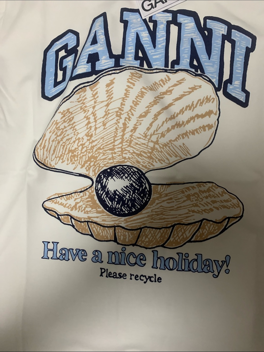 Ganni White Short Sleeve Tee with Navy Logo and Tan Pearl Shell - Picture 4 of 6